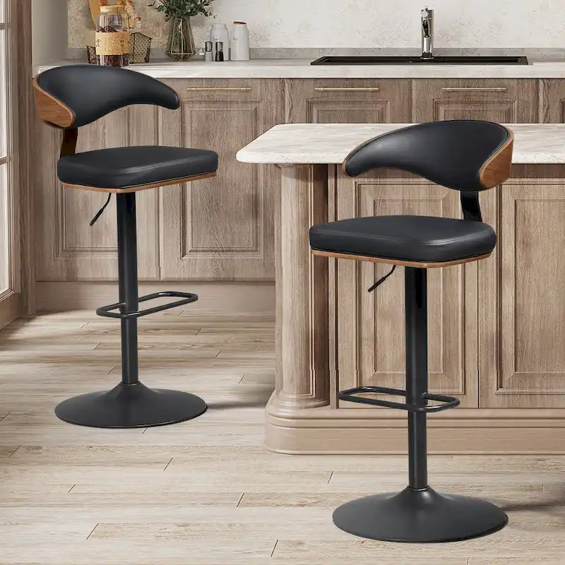 Faux Leather Swivel Adjustable Bar Stool with Wood Accents