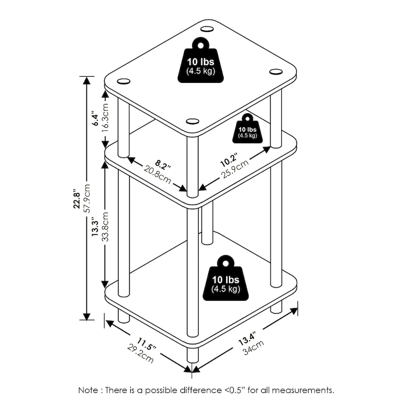 Furinno Just 3-Tier Turn-N-Tube End Table, Sonoma Oak/White