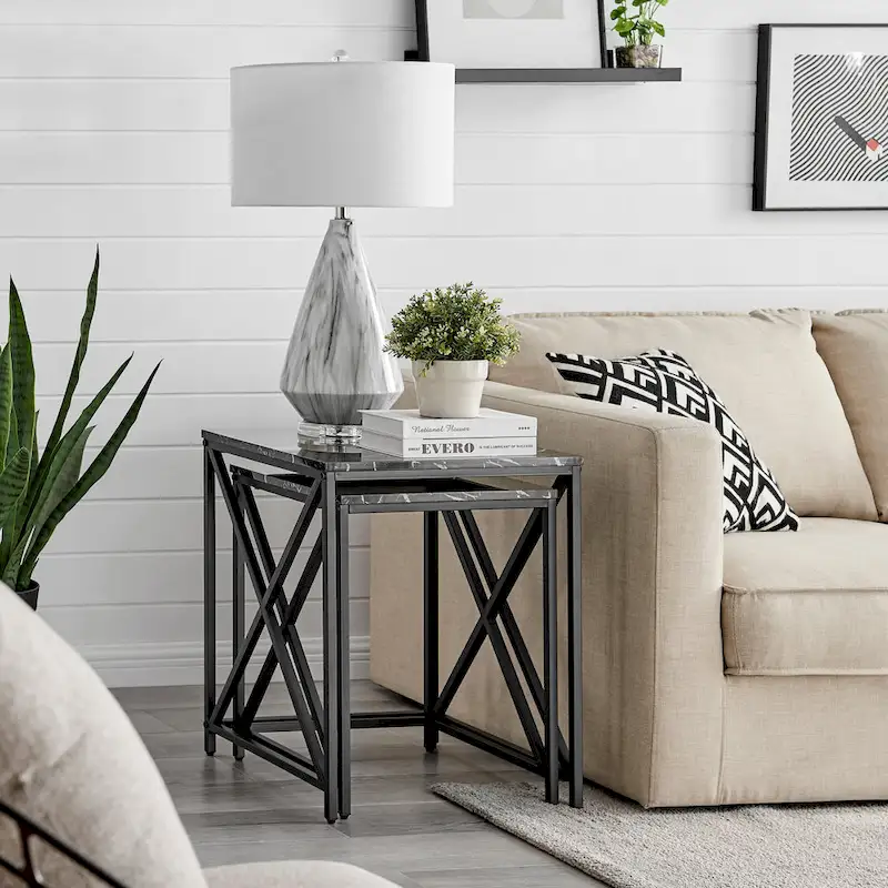 Modern Square Marble Finish Veneer Top Black Metal Frame Nesting End Tables - Set of 2