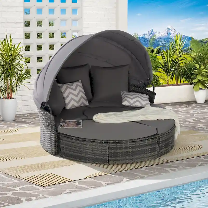 5-Piece Round Daybed Sunbed with Canopy & Removable Cushions