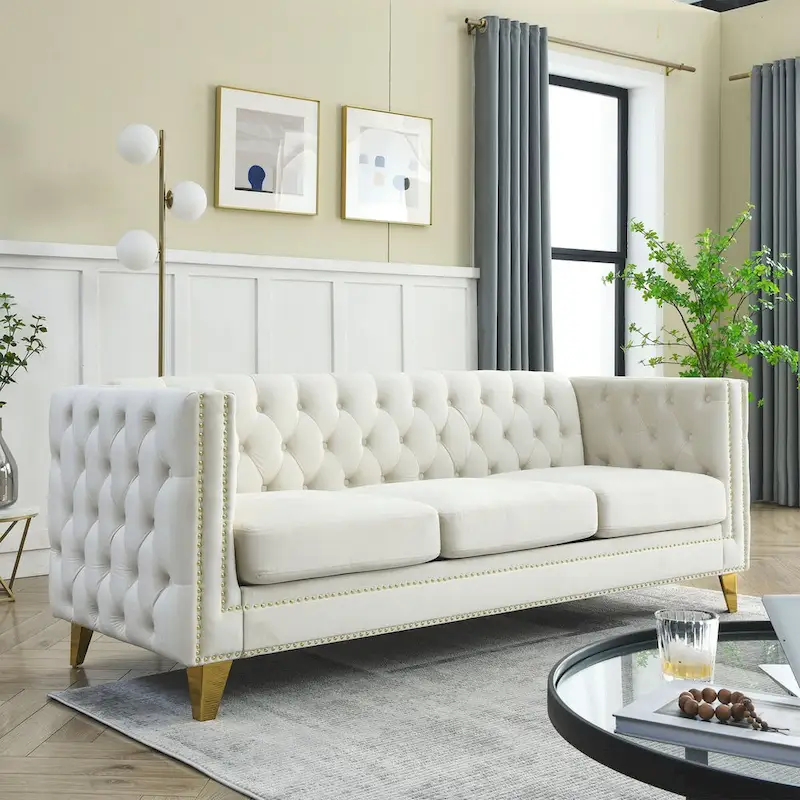 2-Pieces Velvet Upholstered 3 Seat Sofa, Classic Chesterfield Couch Buttons Tufted Square Arm Sofa with Nailheads and Metal Legs