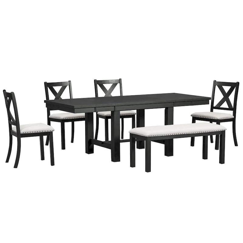 6-Piece Wooden Dining Table Set with Extendable Table & 4 Chairs & Bench
