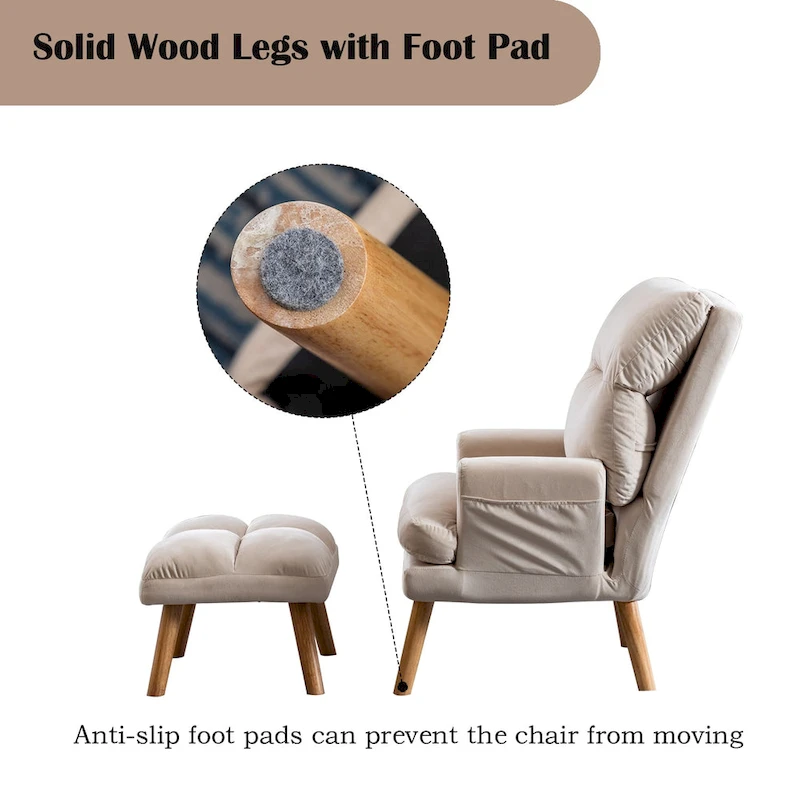 Velvet Fabric Armchair with Ottoman with Adjustable Backrest and Side Pockets