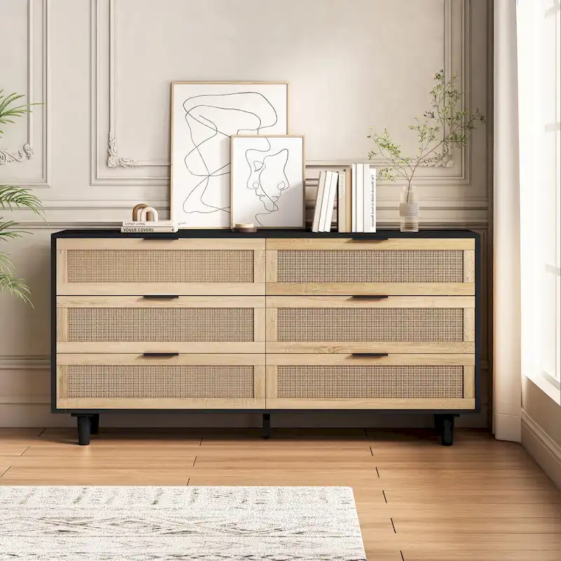6-Drawer Rattan Dresser – Natural / Black, Single