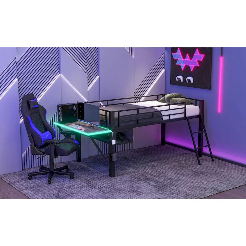 Gaming Mid Loft Bed with Desk and LED