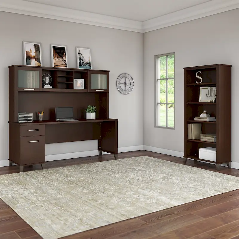 Somerset 72W Office Desk with Hutch and 5 Shelf Bookcase in Ash Gray