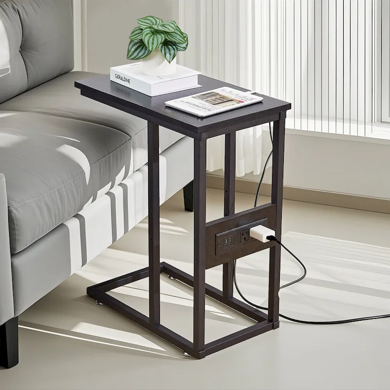 Javlergo C Shaped Side Table, Small End Table with USB Ports and Outlets for Small Spaces