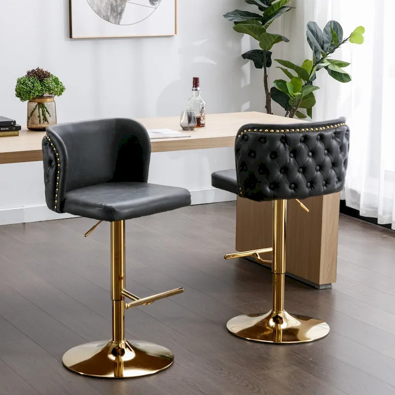 Set of 2 PU Upholstered Swivel Adjustble Bar Stools with Tufted Back