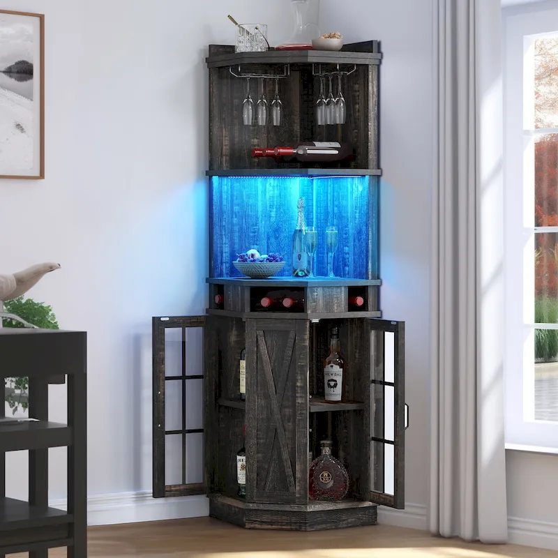 72 Tall Farmhouse Corner Bar Cabinet with Glass Door & LED Lights