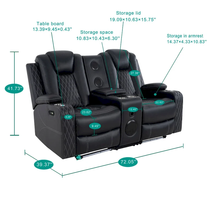 Premium Air Leather Home Theater Loveseat with LED Lights, Recliner with Built-in Speakers & Wireless Charging
