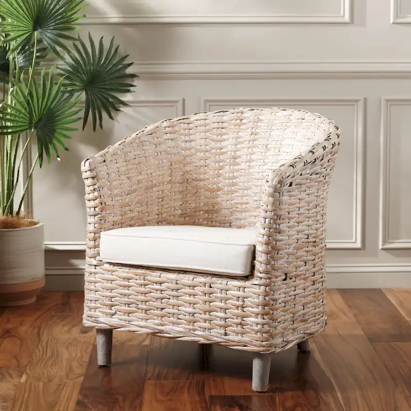 SAFAVIEH Charla Rattan Barrel Chair with Cushion - 29.1 x 27.2 x 32.7 - 29Wx27Dx33H