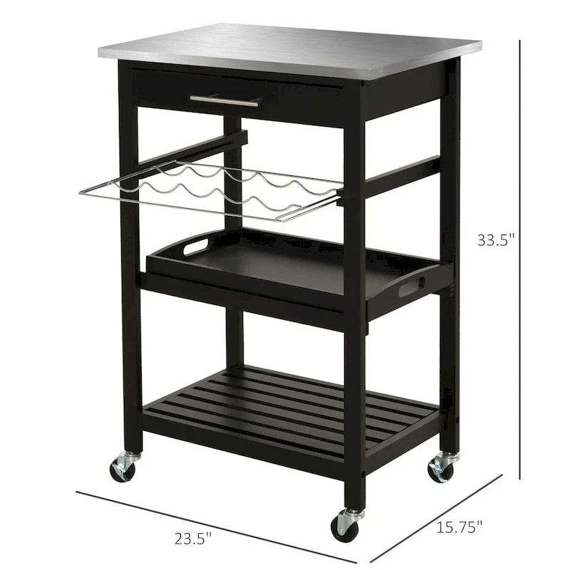 Kitchen island Cart Rolling Trolley Utility Serving Cart with Stainless Steel Tabletop, Wine Rack & Drawer