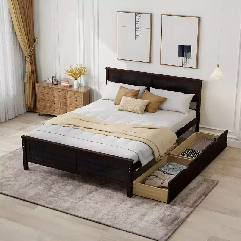 Full Size Wooden Platform Bed Frame with 2 Storage Drawers, Solid Wood Headboard, Espresso