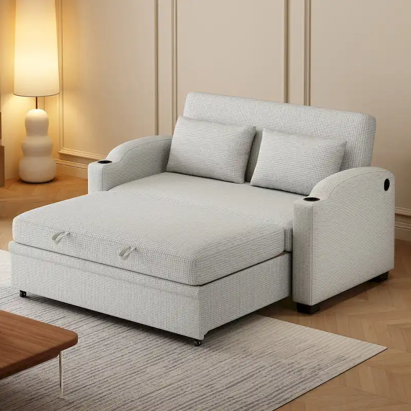 Chenille Convertible Loveseat Sofa Bed with Adjustable Backrest, USB Ports, and Cup Holders