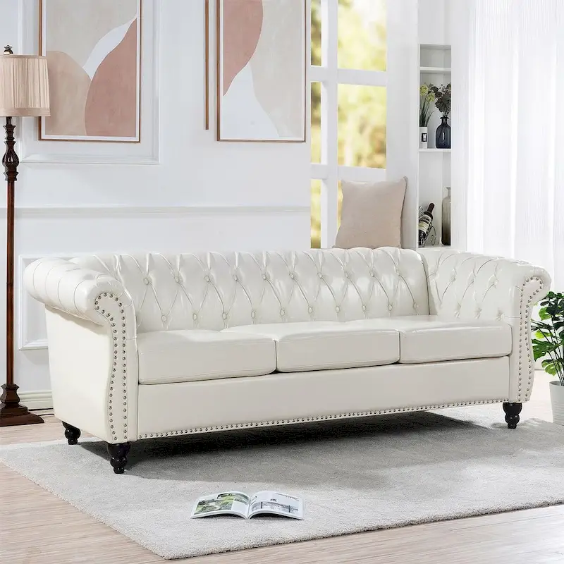 84.65 Chesterfield Tufted Faux Leather Sofa with Rolled Arms