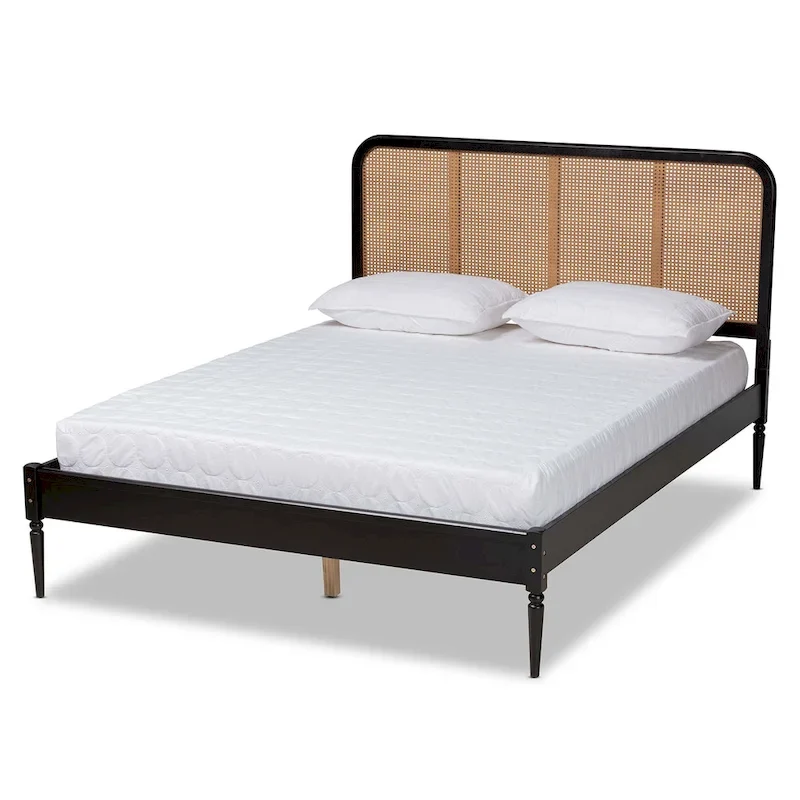 Elston Mid-Century Modern Synthetic Rattan Wood Platform Bed -Charcoal