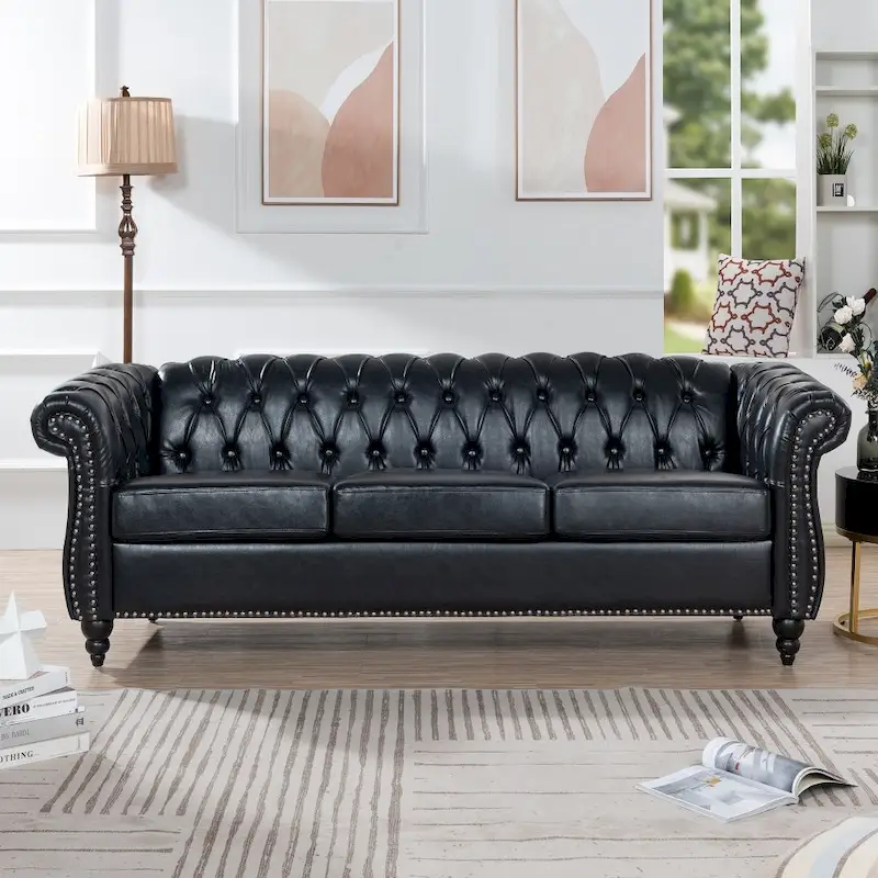 84.65 PU Rolled Arm Chesterfield 3 Seater Sofa