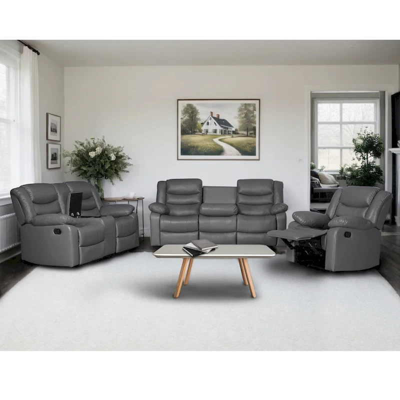 3 Piece Faux Leather Manual Reclining Livingroom Sofa Set with Dropdown Table and Console