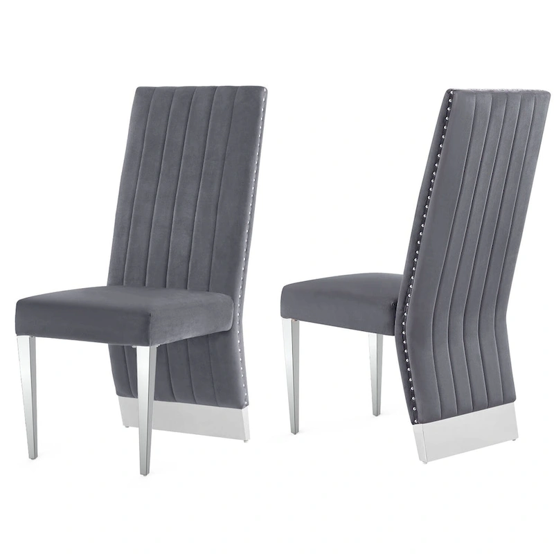 Modern Channel High Back Dining Chairs with Nailhead Trims and Polished Metal Legs