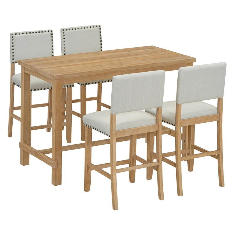 5-Piece Counter Height Dining Set, Classic Elegant Table and 4 Chairs in Natural Wood Wash