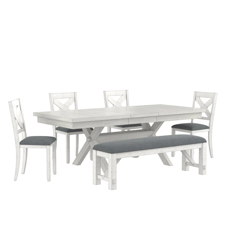 VECELO Dining Table Set with Bench, Solid Wood Rectangular Extendable Dining Table & 4 Solid Wood Dining Chairs