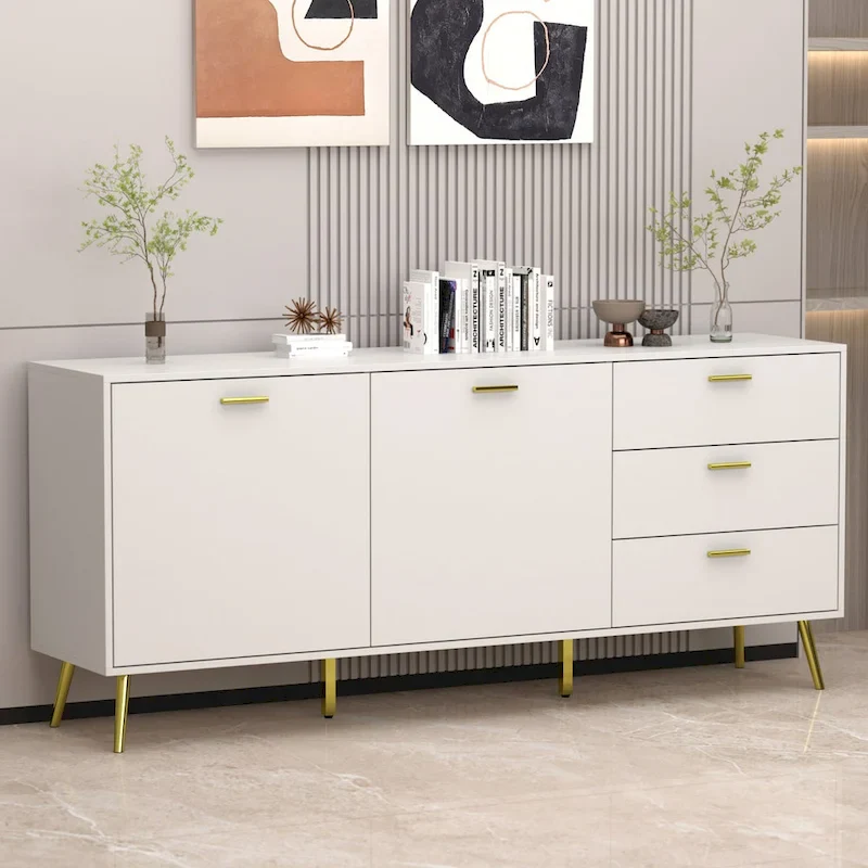 Buffet Sideboard Cabinet with 3 Drawers & 2 Doors, Espresso/White