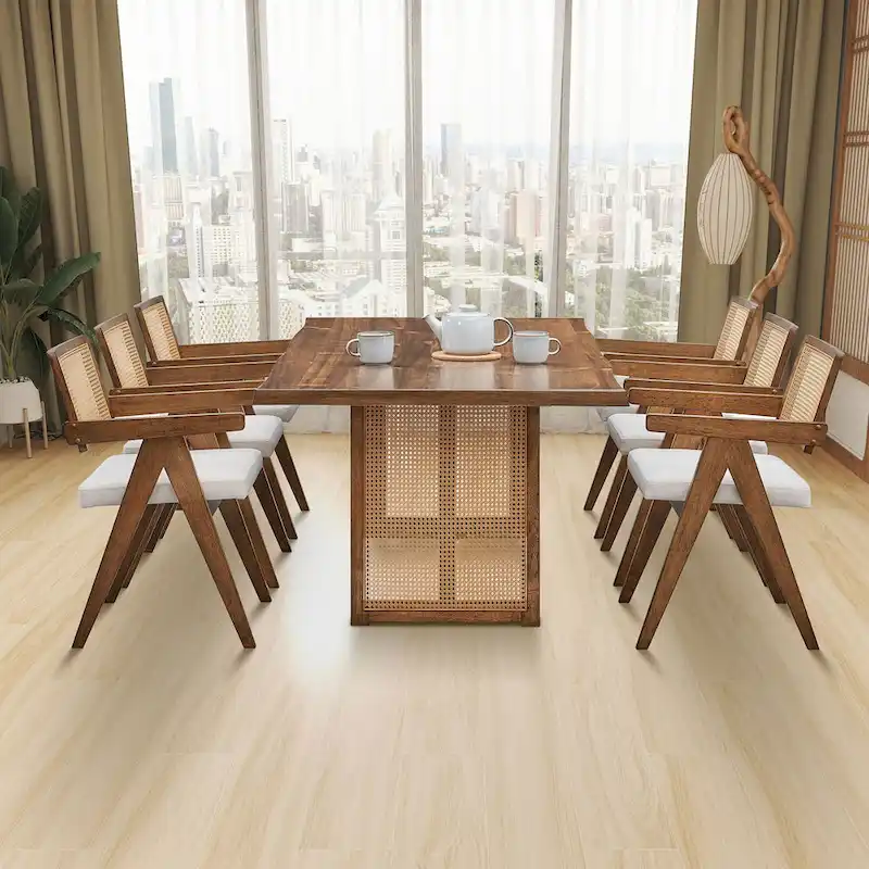 7 Piece Wooden Dining Table and Chairs Set, Rattan Kitchen Table Set with Rectangular Dining Table and 6 Chairs