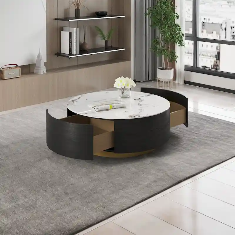 Modern Round Coffee Table, White Sintered Stone Tabletop with 2 Drawers
