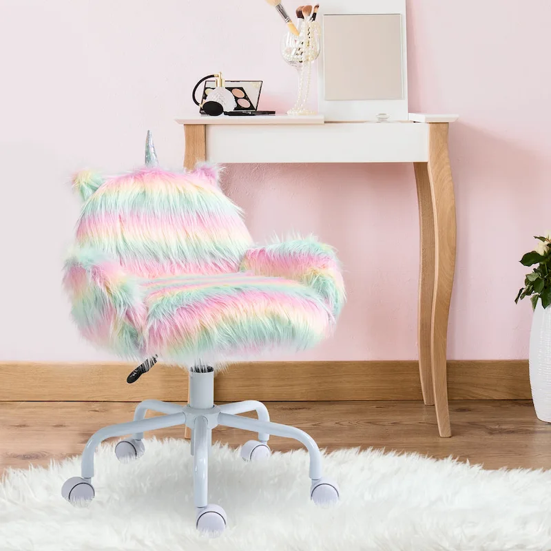 Fluffy Unicorn Swivel Office Chair with Armrests & Mid-Back – White / Pink (Rainbow), Single