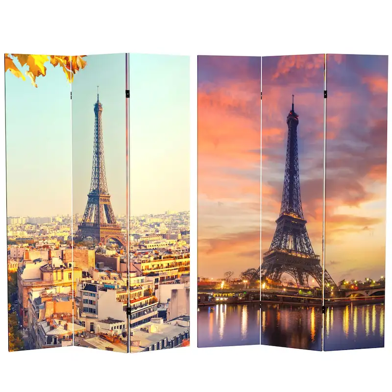 Handmade 6' Double Sided Eiffel Tower Sunset Canvas Room Divider