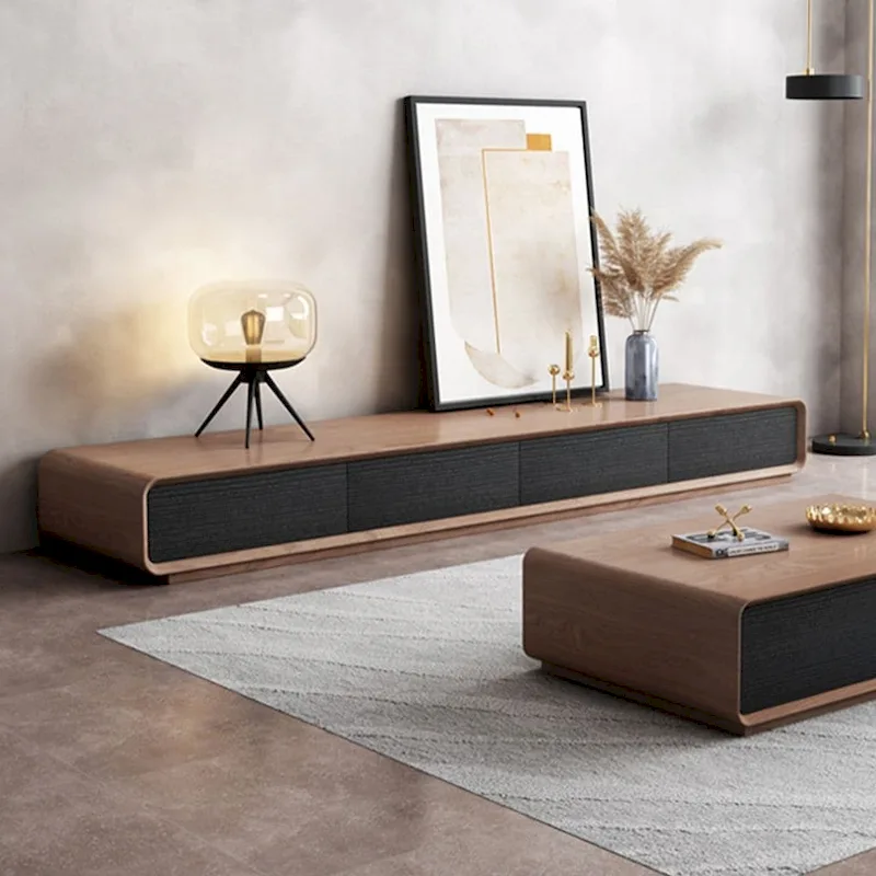 Modern Rectangular TV Stand with 4 Drawers, Wood Veneer Media Console, Walnut White, Soild Wooden, Fully-Assembled