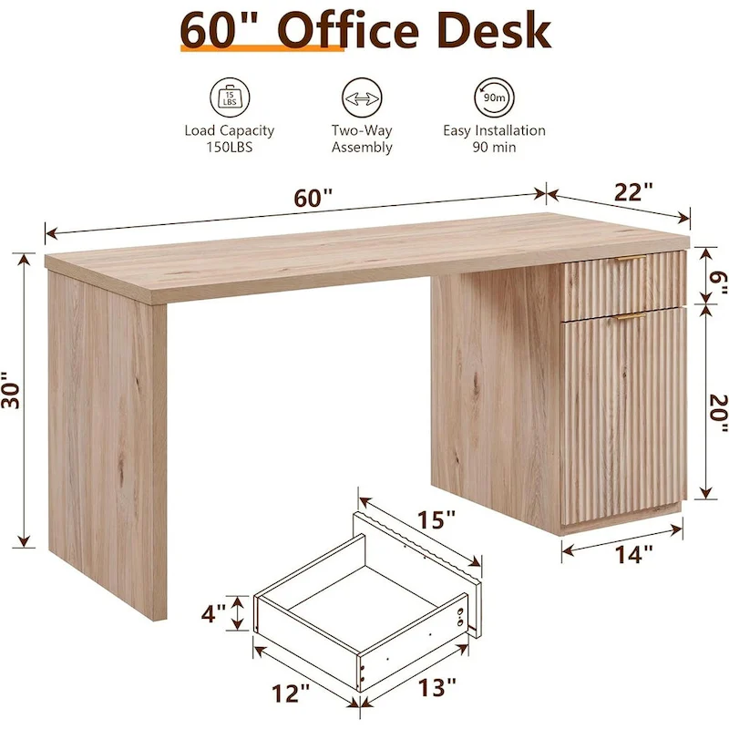 60  Modern Executive Desk, Wood Home Office Desk, Fluted Computer Desk