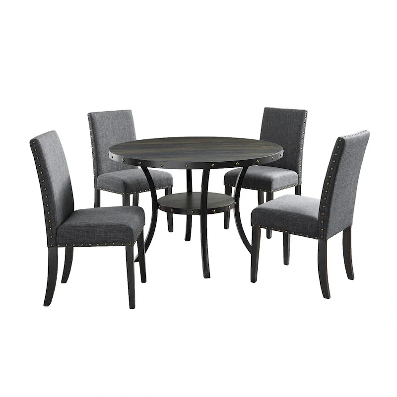 Mid-Century Modern Dining Table and Chair Sets Farmhouse Kitchen Dining Table Sets with Brass Nailheads and Metal Legs