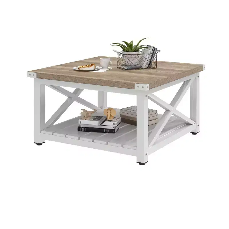Coffee Table For Living Room,Square Wood Farmhouse Coffee Table With Storage,Rustic Coffee Table,Vintage Center Table For Living Room With Shelf