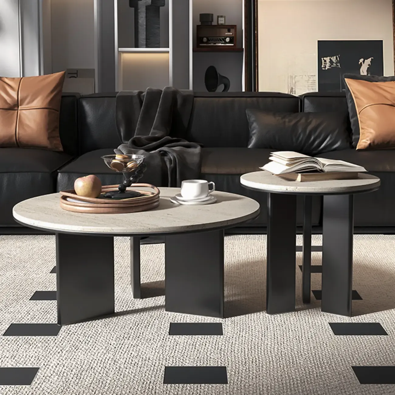 Minimalist Beige Travertine Round Coffee Table in Wood Base