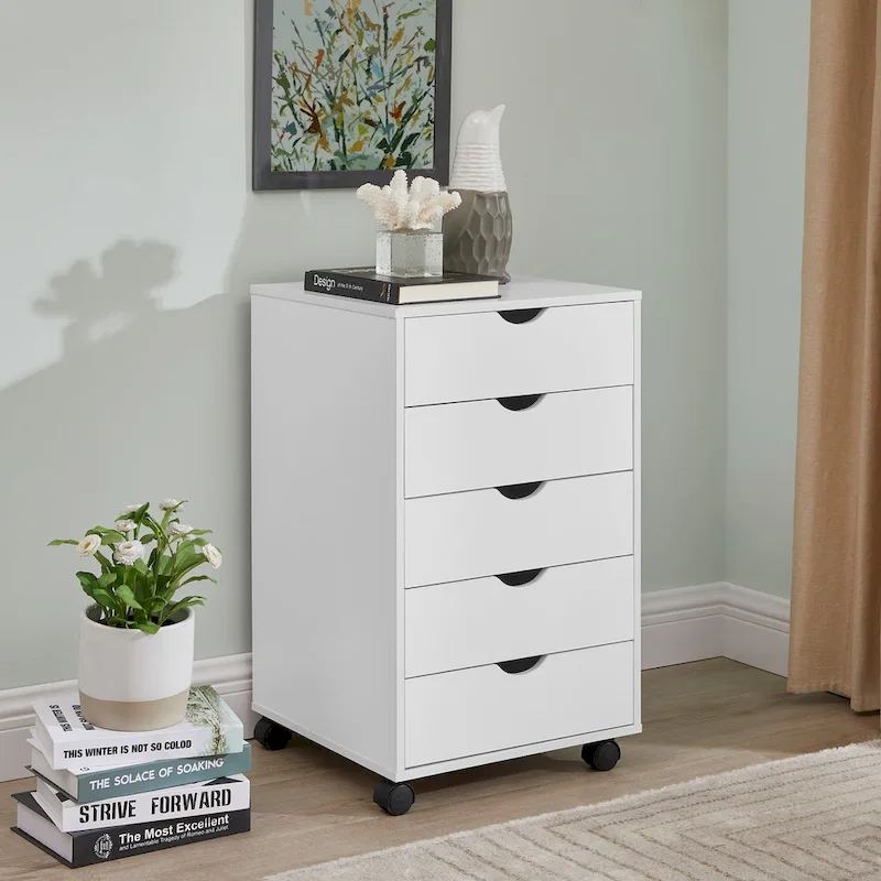 Portable Wooden 5-Drawer Cabinet with 360 Wheels, Easy Pullout Design, and Extra Top Storage