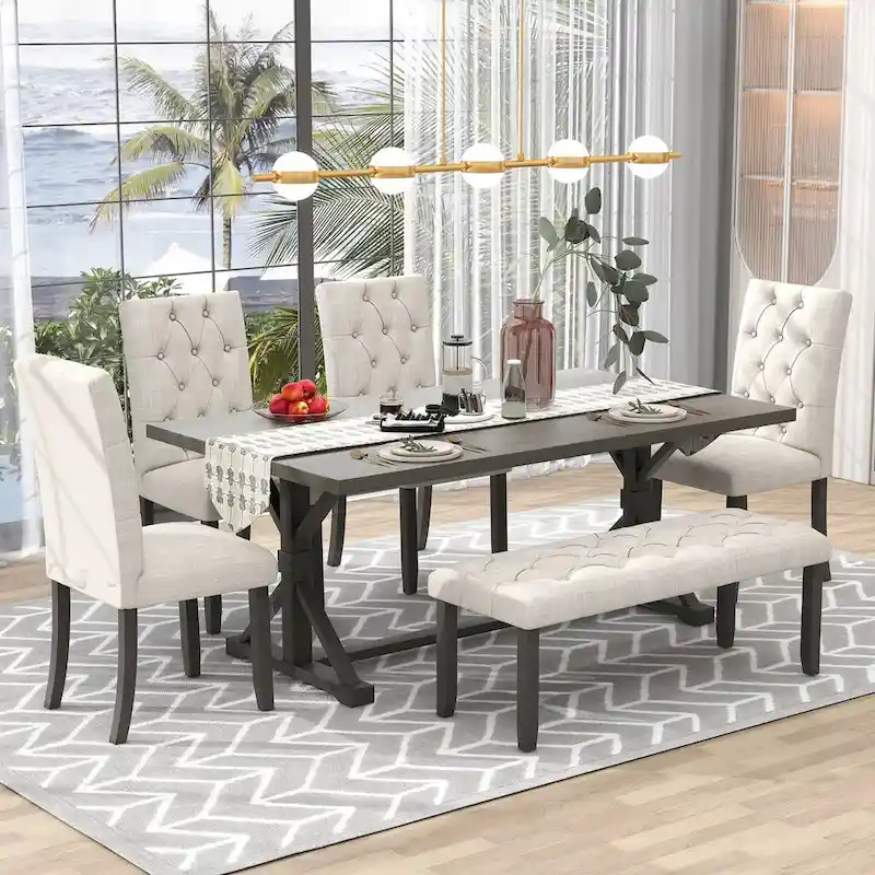 6-Piece Dining Table Set, 72 Rectangular Table, 4 Chairs with Bench