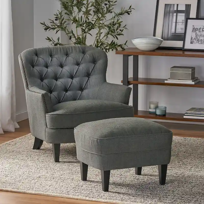 Modern 32.5 Upholstered Club Chair with Ottoman Set amd Nailheads for Living Room