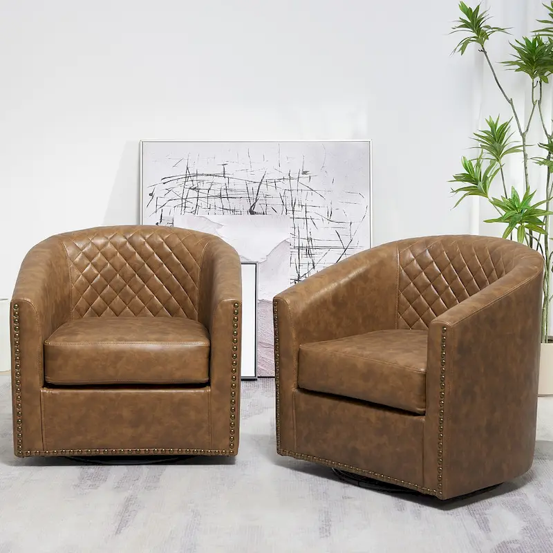 KINWELL 29 Wide Tufted PU Leather Swivel Barrel Chair (Set of 2)