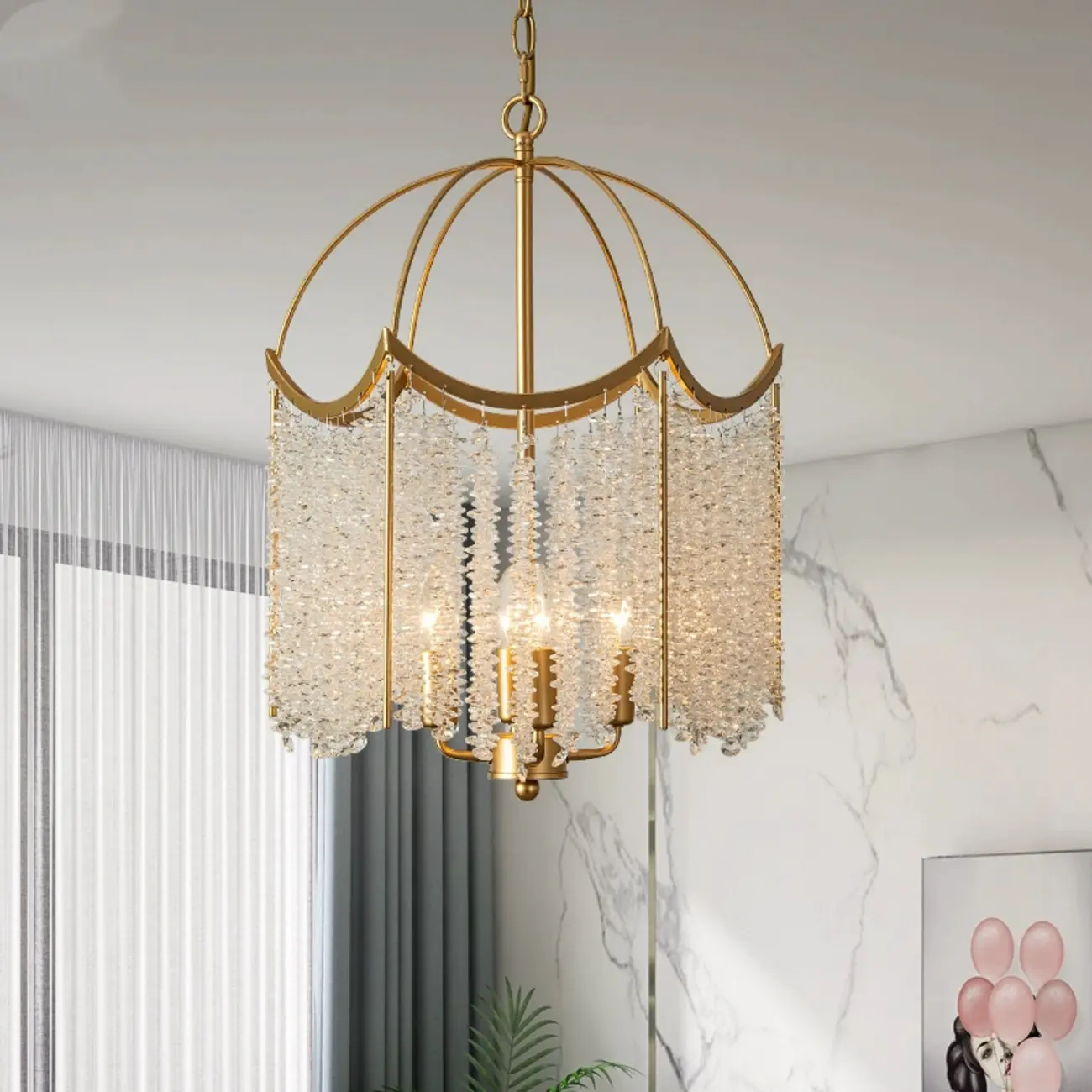 Chic Gold Caged Crystal Tassel Chandelier