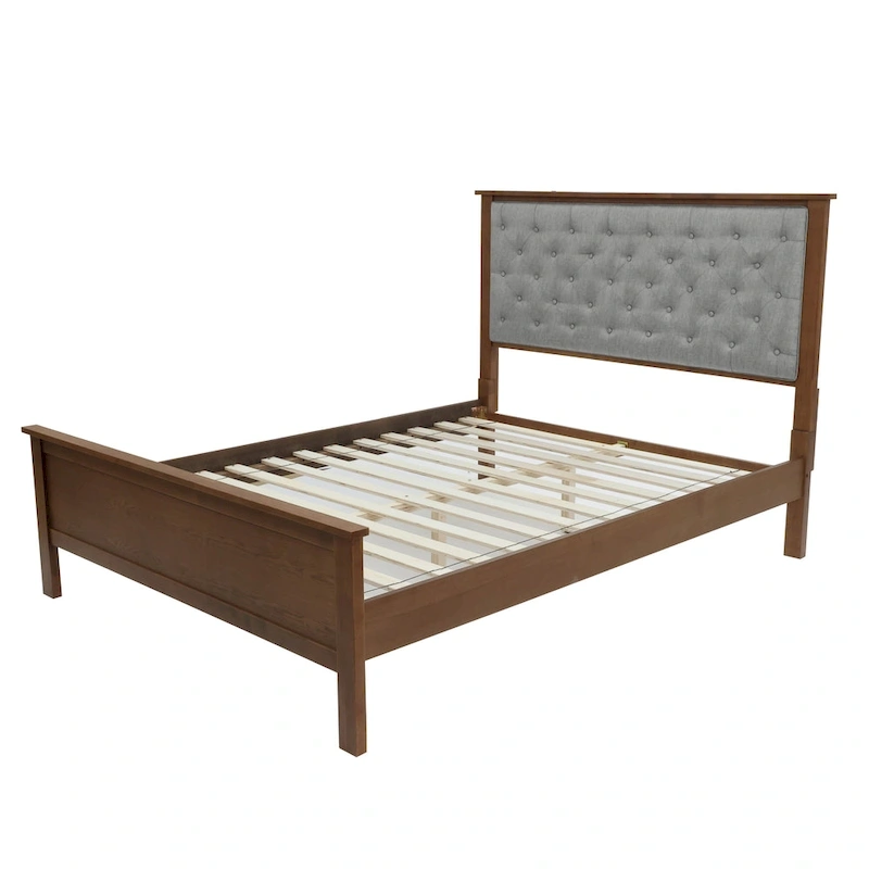 Gray Upholstered Queen Bed Headboard and Wood Footboard Set