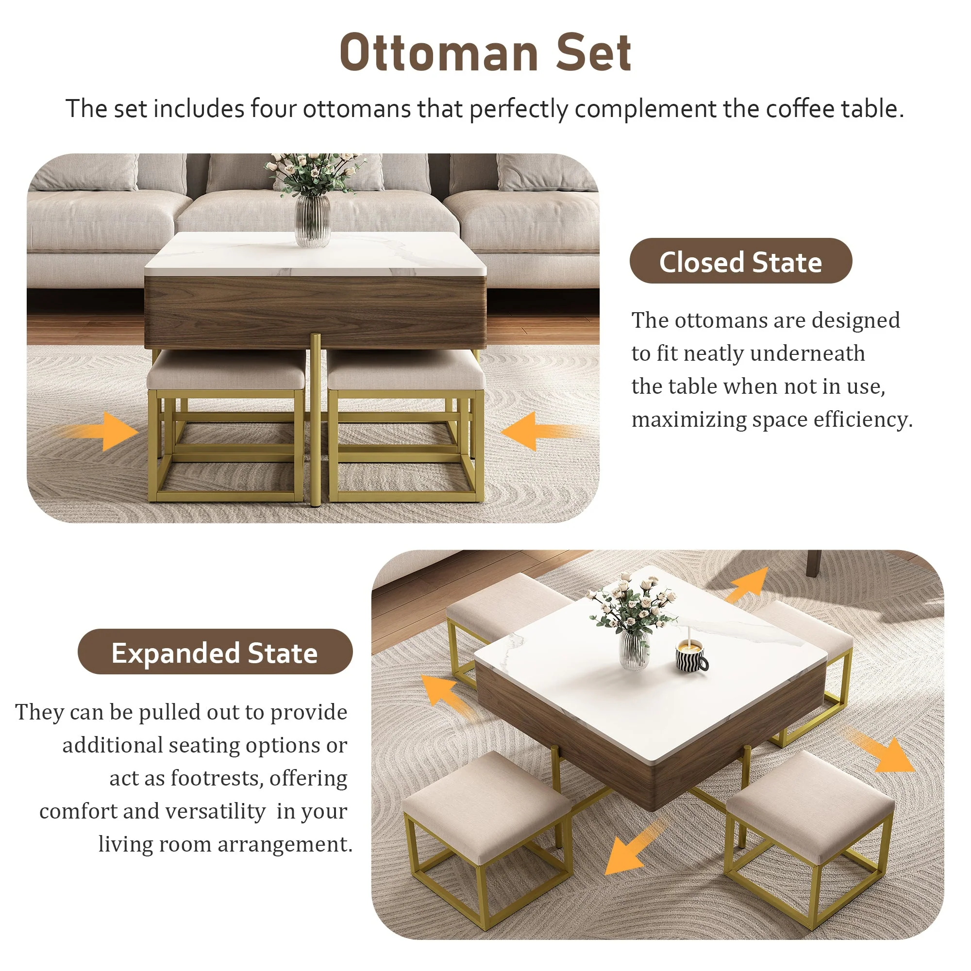 Walker Edison | Modern Square Lift-Top Coffee Table Set with 4 Ottomans