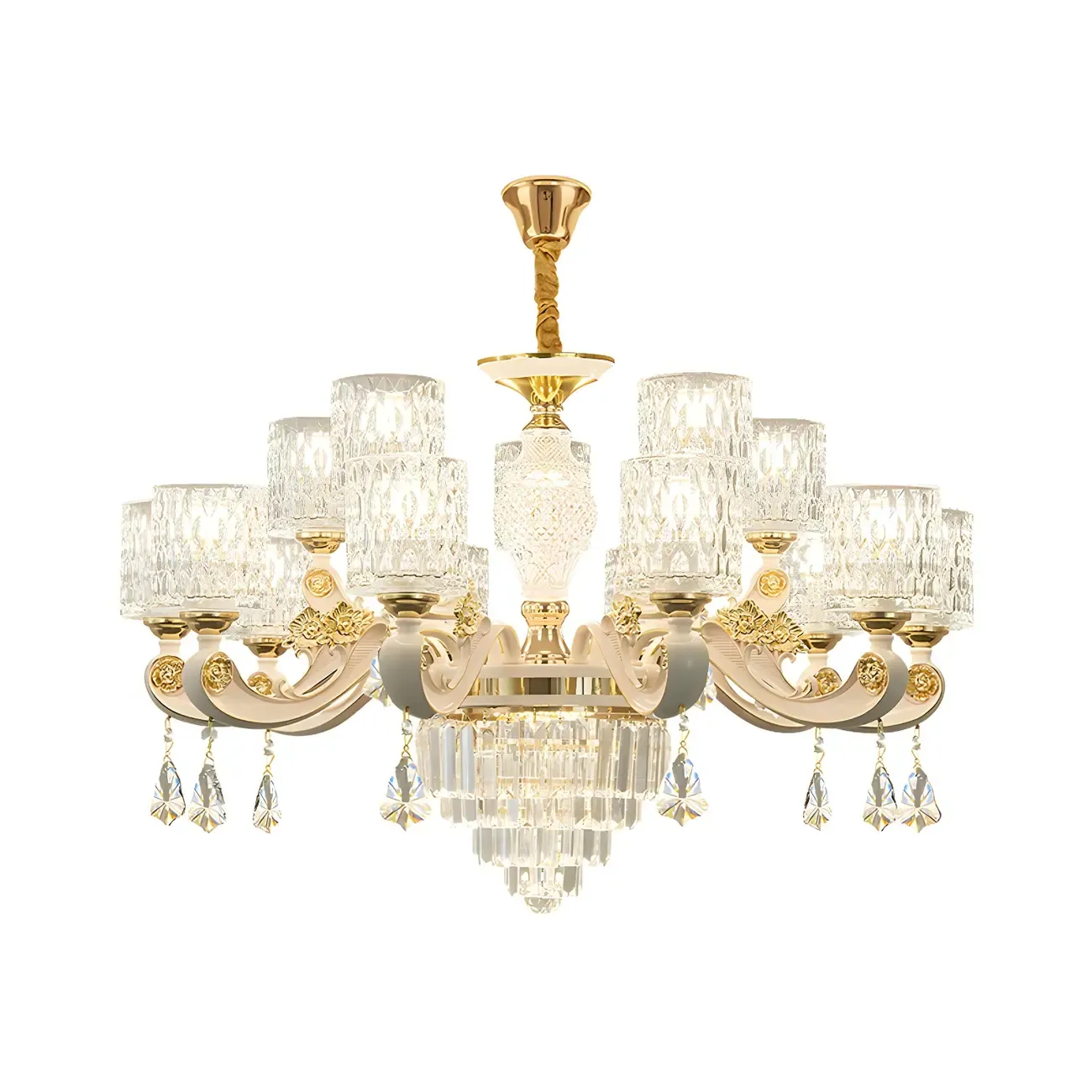 White Gold Cylinder Ripple Glass Chandelier with Crystal
