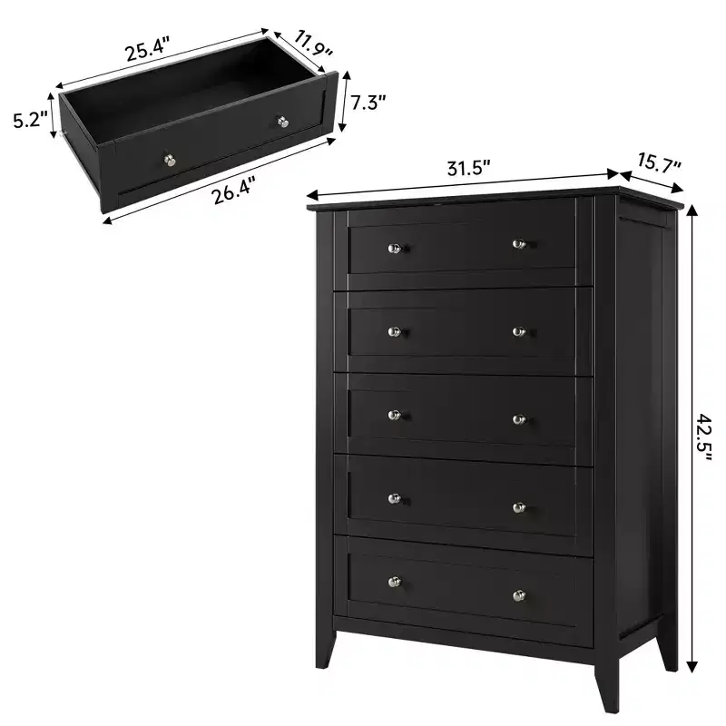 5 Drawer Dresser for Bedroom, Black Tall Wooden Dresser with Deep Storage Drawers & Metal Knobs, Modern Chest of Drawers for Bedroom, Entryway