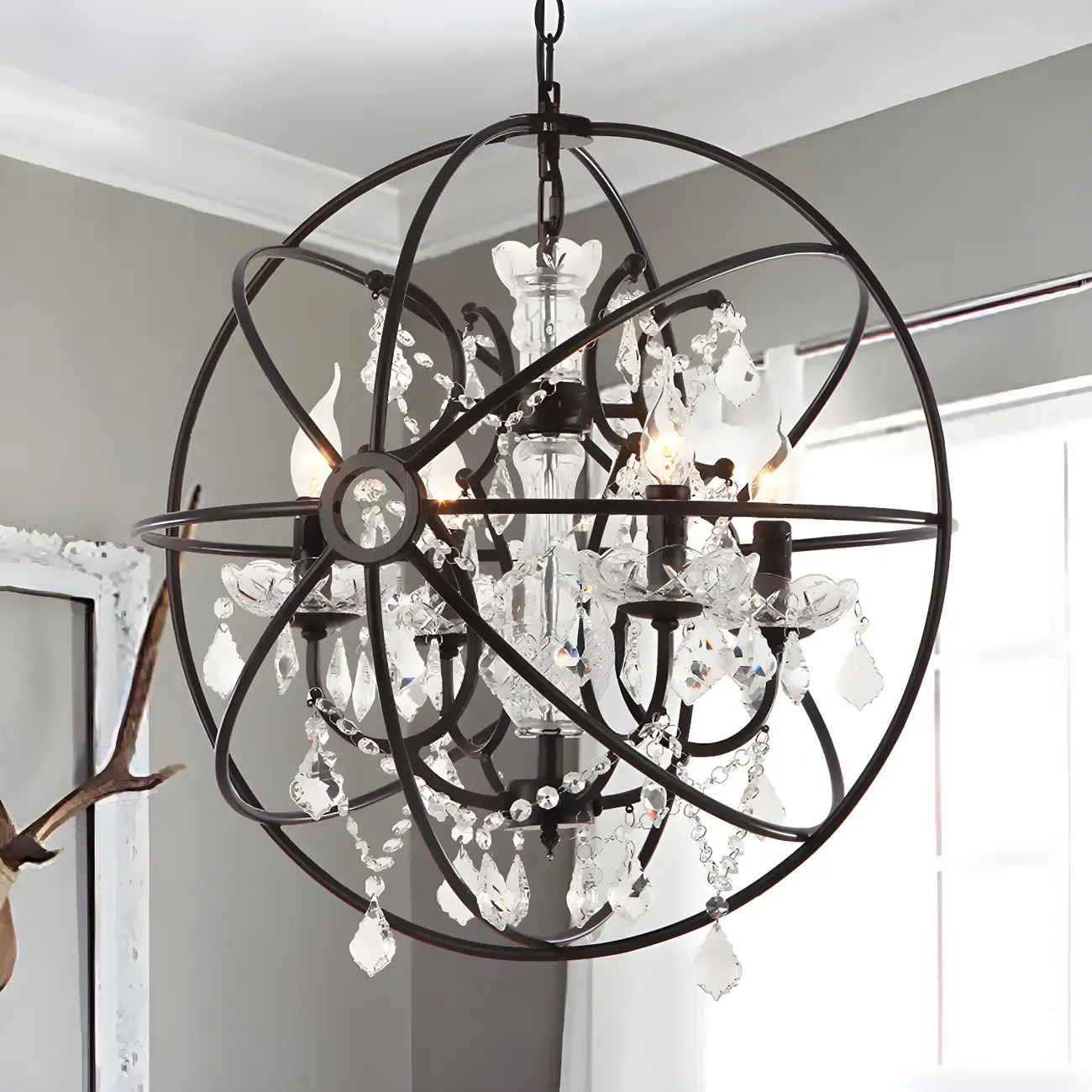 4-Light Industrial Black Iron Chandelier with Crystal