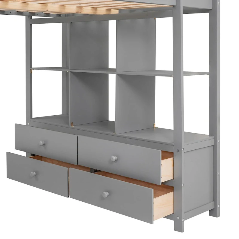 Loft Bed with Built-In Desk, Storage Shelves and Drawers