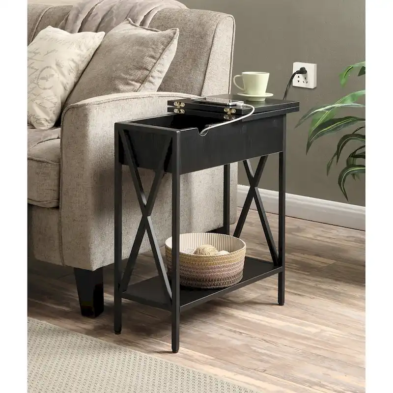 Convenience Concepts Tucson Flip Top End Table with Charging Station and Shelf