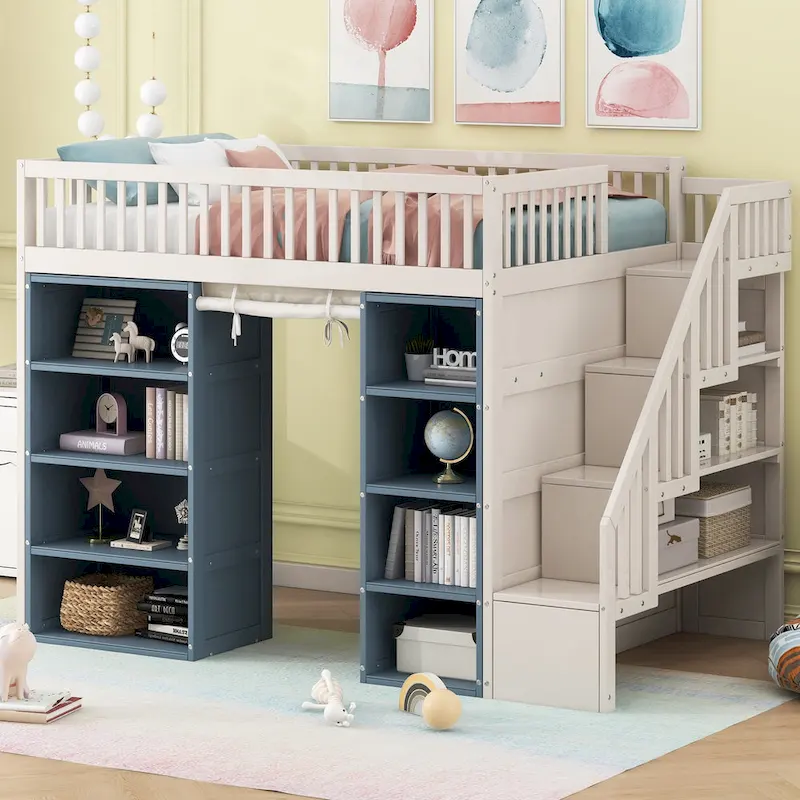 Full Size Solid Wood Loft Bed with 2 Four-layer Storage Cabinets and Curtain