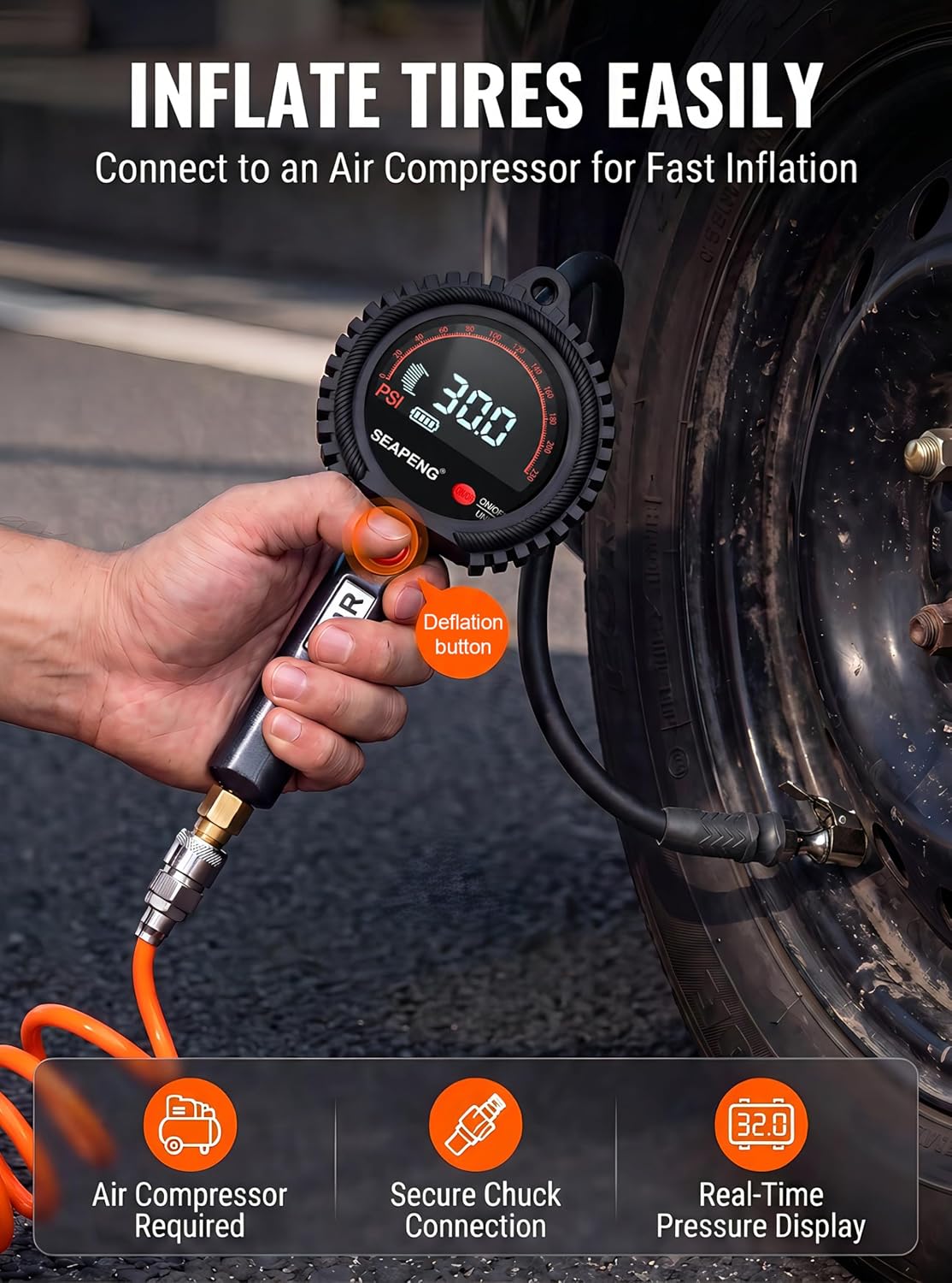SEAPENG TB-801 Rechargeable Digital Tire Inflator Gauge, 5-230 PSI for cars, trucks, RVs and garages