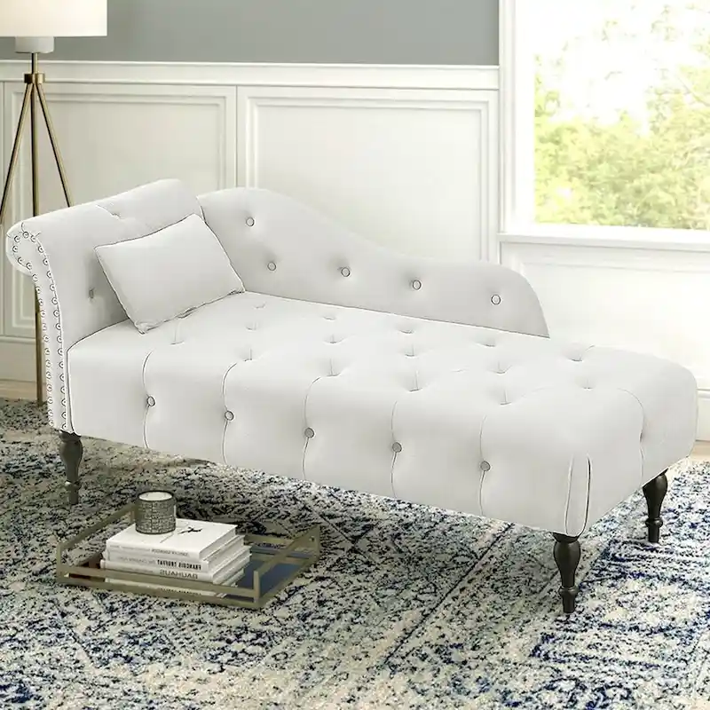60W Velvet Chaise Lounge, Tufted with Pillow & Nailhead Decorate - 60.6W x 27.5D x 28.3H